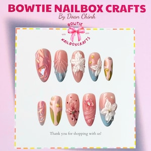 Blooming White Flowers Press On Nails | Pink-Orange Pastel Base with Pearls | Hand-Painted Custom Reusable Elegant Fake Nails