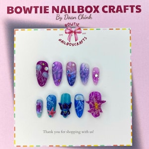 Deep Sea Nail, Purple Ocean, Handmade Jellyfish, Medium Almond Nail Set, 3D Underwater Animal, Theme with Starfish, Ocean Nails, Party Nail