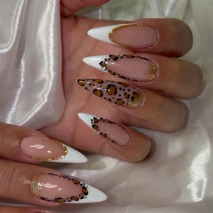 Saisonale Leopardenmuster French Tip Gold Glitter Lange Stiletto Press On Nails | Luxus Animal Print falsche Nägel | Einzigartige Kunden Trendige Nägel