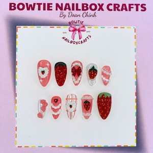 Strawberry & Cream Press-On Nails – Handmade Pink White Fake Nails with Cute Strawberry Art, Everyday Gift for Her, Sweet Girly Nail Style