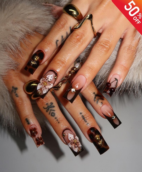 Auturm Tortoise Shell & 3D Lily Long Square Press On Nails | Cherry Charm And Luxe Brown French Tip - Handmade "Mob Wife" Aesthetic Nails