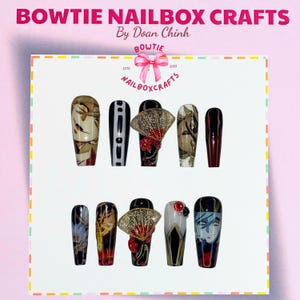Dou.ma Upper Moon 2 Press On Nails – 3D Fan Nail Art, Handmade Demon Slayer Anime Nails, Gothic Cosplay False Nails, Douma-Inspired Nail Set