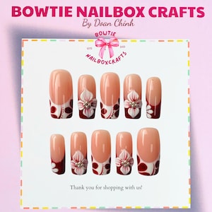 Red Floral Luxury, Basic nail For her Press On Nails | Gold Accent Blossom Nail Art | Elegant Fake Nails | Burgundy & Blush Nails for Her