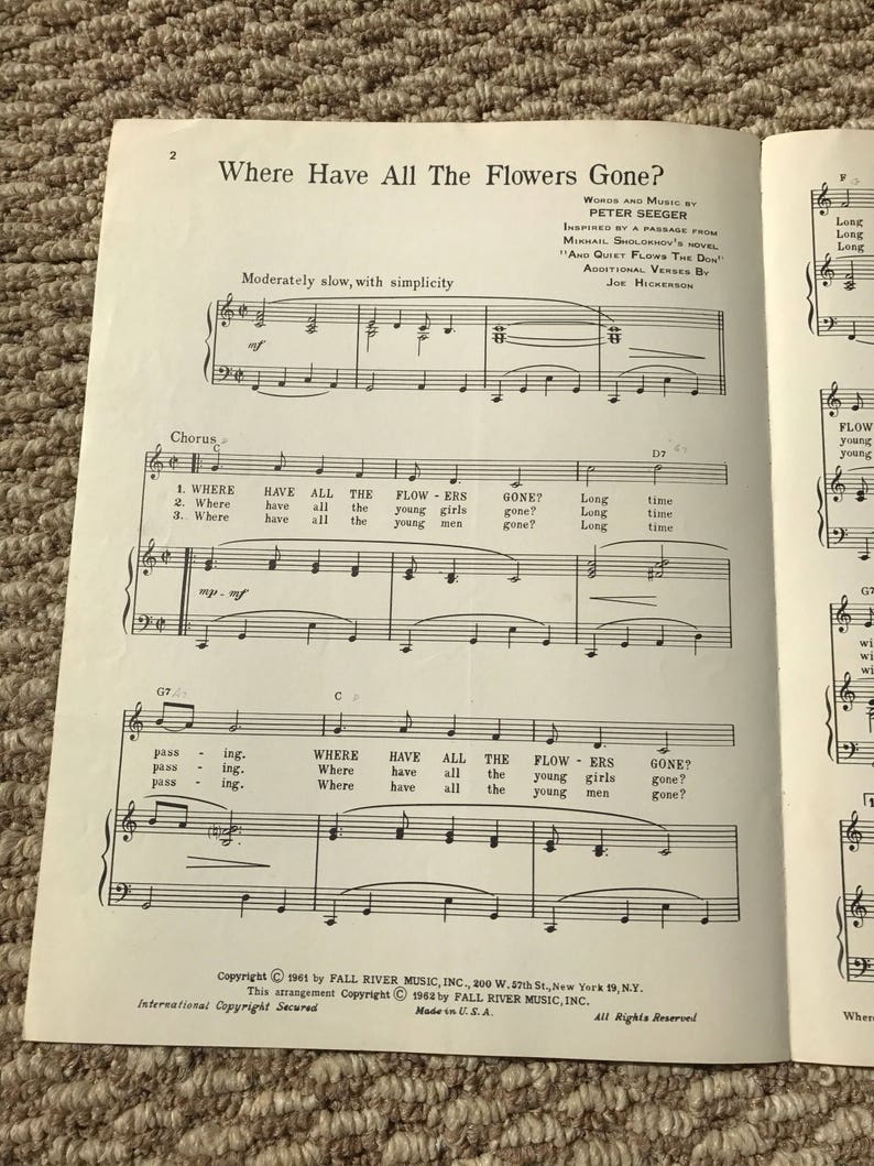1962 Sheet music Where Have All The Flowers Gone by Peter Etsy