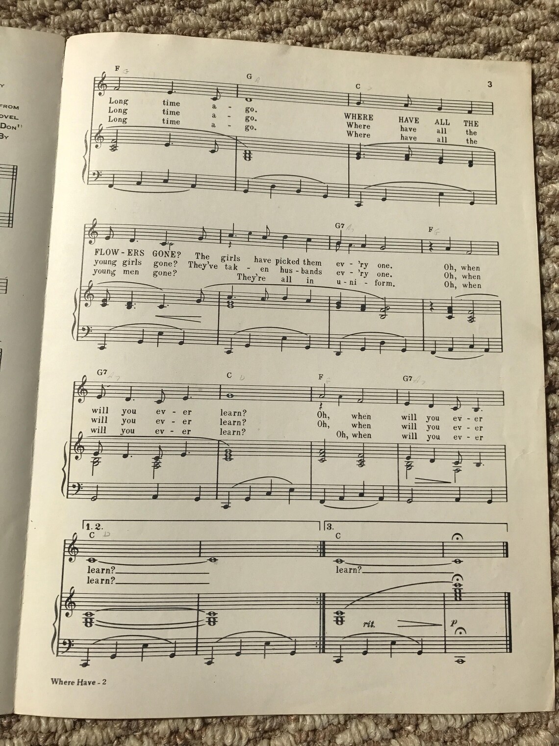 1962 Sheet music Where Have All The Flowers Gone by Peter Etsy