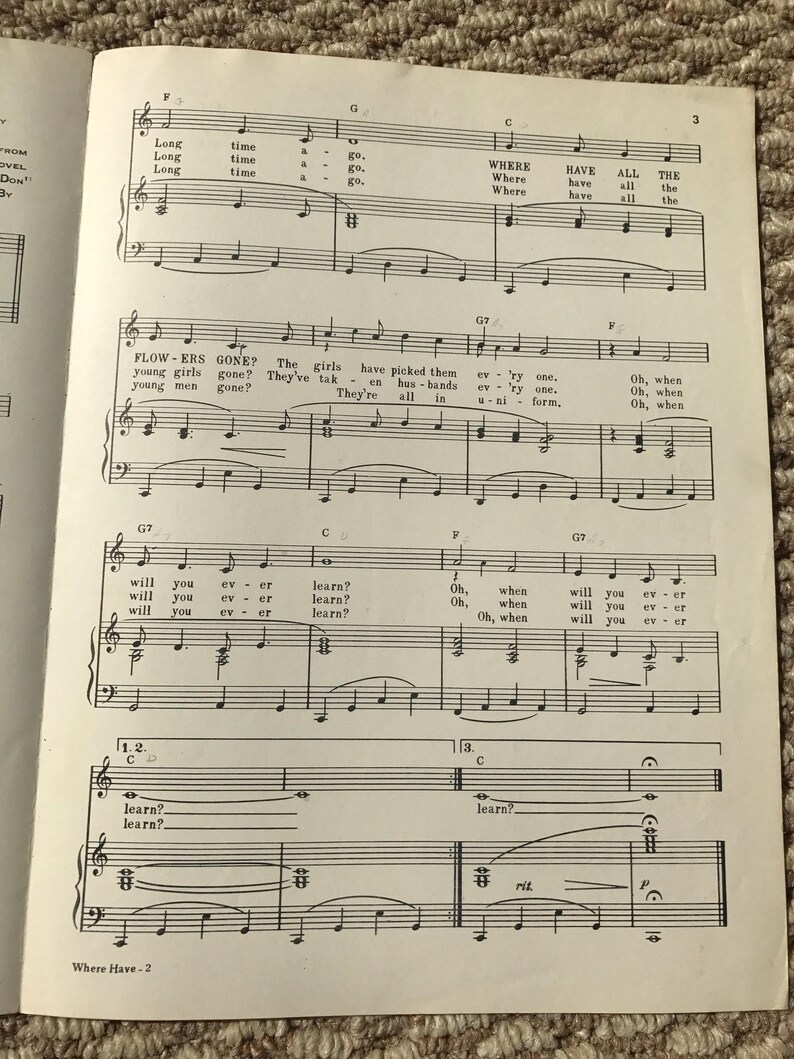 1962 Sheet music Where Have All The Flowers Gone by Peter Etsy