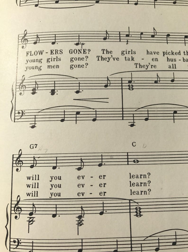 1962 Sheet music Where Have All The Flowers Gone by Peter Etsy