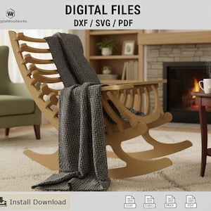May include: A light-colored wooden rocking chair with a gray blanket draped over it. The chair has a unique design with curved supports. The image also includes the text "DIGITAL FILES DXF / SVG / PDF" and the logo of DiygitalWoodworks.