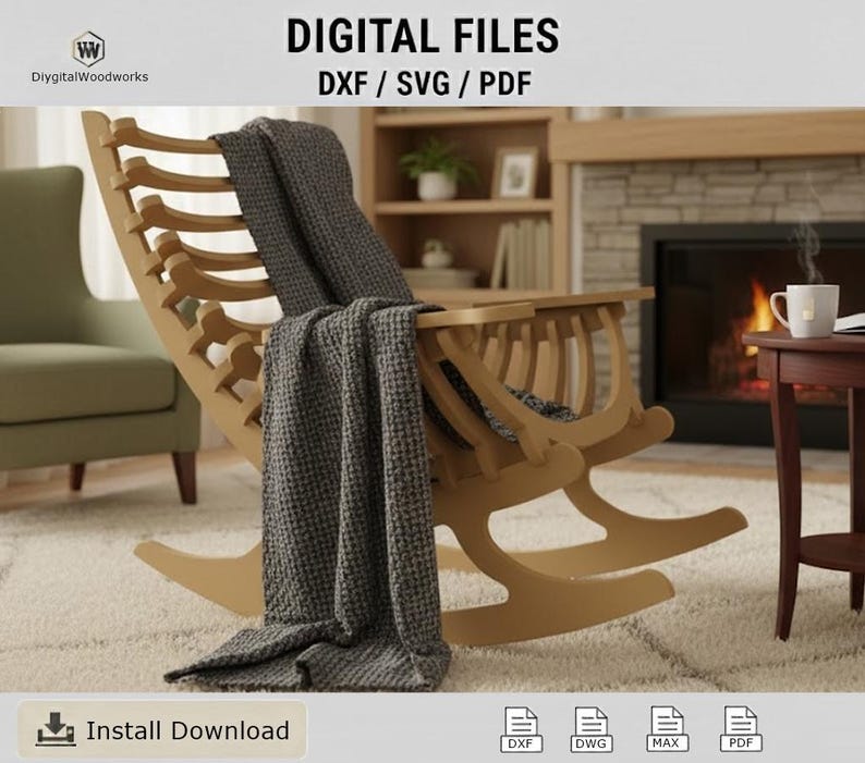 May include: A light-colored wooden rocking chair with a gray blanket draped over it. The chair has a unique design with curved supports. The image also includes the text "DIGITAL FILES DXF / SVG / PDF" and the logo of DiygitalWoodworks.