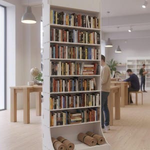 May include: A tall, white bookshelf filled with books of various sizes and colors. The bookshelf has a curved top and a lower compartment holding rolled-up mats. The setting appears to be a library or bookstore.