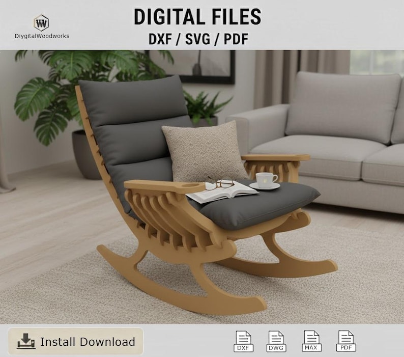 May include: A wooden rocking chair with a gray cushion and pillow. The chair has a unique slatted back design and armrests. A book, glasses, and a cup of coffee sit on the armrest. The image also includes the text "DIGITAL FILES DXF / SVG / PDF".