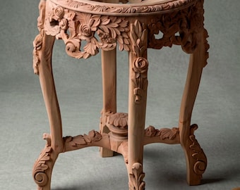 Handcrafted Wooden Side Table, Carved Plant Stand, Baroque Round Pedestal Table, Solid Wood End Table for Living Room, Vintage Style Accent,