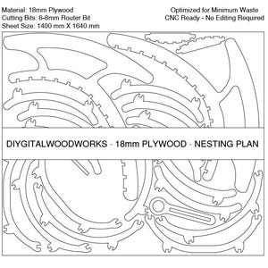 May include: A black and white nesting plan for 18mm plywood. The design includes various curved and circular shapes, with the text "DIYGITALWOODWORKS - 18mm PLYWOOD - NESTING PLAN". Sheet size is 1400 mm x 1640 mm.