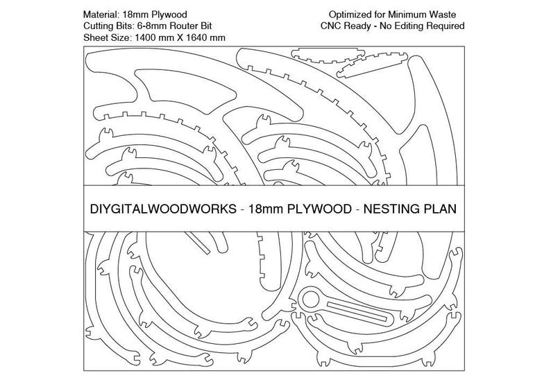 May include: A black and white nesting plan for 18mm plywood. The design includes various curved and circular shapes, with the text "DIYGITALWOODWORKS - 18mm PLYWOOD - NESTING PLAN". Sheet size is 1400 mm x 1640 mm.