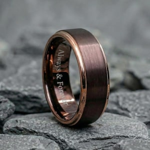 Brushed Tungsten Coffee Ring, Rose Gold Edges, Unique Anniversary Gift, 6mm 8mm Widths, Coffee Lover Gift, Wedding Rings, Engagement Rings