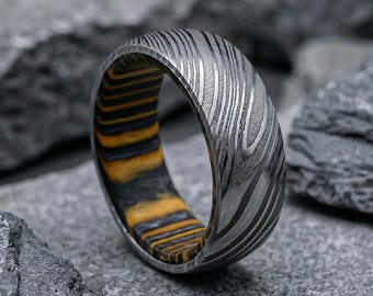 Damascus Steel Mens Wedding Band, Exotic Wood Inlay & Sleeve, 8mm Etched Rustic Nordic Ring