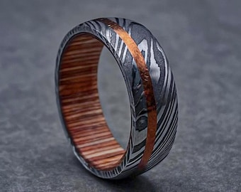The Odyssey, Whiskey Barrel Wedding Band Copper Ring Damascus Ring Solid Copper Ring Wedding Band Gift for Him Whiskey Barrel Wood Ring 10mm