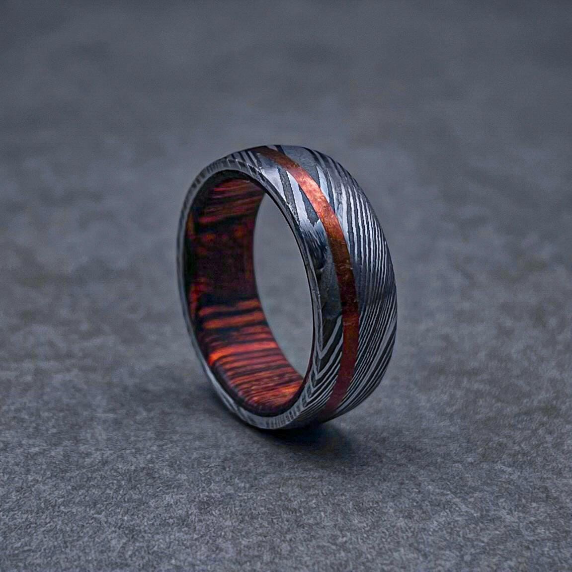 The Bonfire, Mens Unique Rings Damascus Ring Copper Ring Wedding Band Gifts for Him Gift for Husband Women Rings Copper Wedding Rings Copper