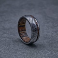 The Rover, Handmade Damascus Steel Ring Whiskey Barrel Wood Inlay Mens Wedding Band Rustic Grooms Ring Unique Masculine Jewelry Gift for Him