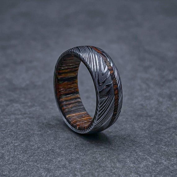 Mens Damascus Ring, Whiskey Barrel Inlay & Sleeve, 6mm 8mm 10mm, Anniversary Gift, Valentines Gift