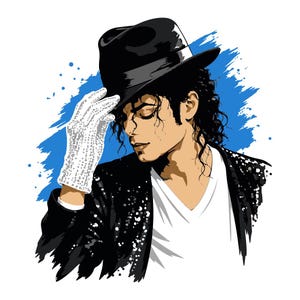 May include: A digital illustration of a person with dark curly hair wearing a black fedora, a white v-neck shirt, and a black sequined jacket. The person wears a single white sequined glove and is touching the brim of the hat against a blue background.