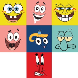 May include: A grid of cartoon character faces on colorful backgrounds. The characters include SpongeBob SquarePants, Patrick Star, Squidward Tentacles, and Mr. Krabs, each with distinct expressions and features.
