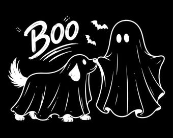 Boo Halloween Spookhond SVG PNG-bundel, griezelig puppy-ontwerp, schattig Halloween Cricut-snijbestand, zwart-wit SVG digitale download