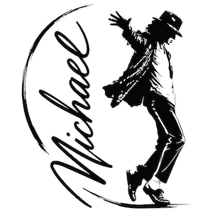May include: Black and white silhouette of a person in a fedora and jacket, mid-dance move. The name "Michael" is written in a cursive font with a black brushstroke arc.