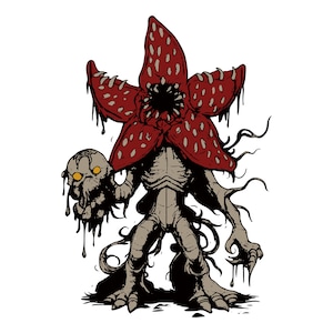 May include: Illustration of a Demogorgon creature from the series Stranger Things. The Demogorgon has a red, petal-like head with a gaping maw, holding a skull. The creature is gray and black with dripping details.