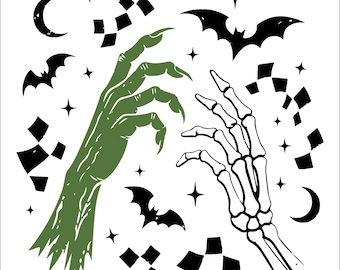 Spooky Witch Hand SVG PNG, Skeleton Hand Halloween SVG, Gothic Bat Moon Cut File, Creepy Cricut Design,