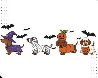 Leuke Halloween-honden SVG PNG-bundel | Teckel pompoen spookheks mummie clipart | Herfst huisdier SVG | Digitale download Halloween hondenliefhebber