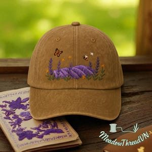 Hand Embroidered Lavender Hat, Cottagecore Floral Baseball Cap, Custom Name Lavender Embroidery Hat, Botanical Women Sun Hat Gift for Her