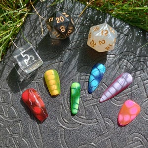 DND Dungeons and Dragons inspired colorful scale Gel Full Tip Press on Glue on Nails Tips