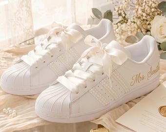 Bridal Sneakers, Pearl Wedding Shoes for Bride, Personalized White Wedding Sneakers, Satin Ribbon Reception Shoes