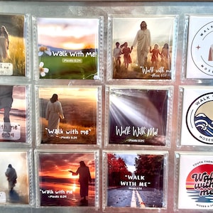 May include: A collection of twelve square magnets featuring various religious imagery and the text Walk with Me Moses 6:34. The designs include depictions of figures in landscapes, sunsets, and graphic illustrations with circular borders and colorful sunset motifs.