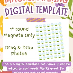 May include: A digital template for magnet making, featuring the text "MAGNET MAKING DIGITAL TEMPLATE." The design includes a section for 1" round magnets, with instructions to "Drag & Drop Photos." The template is for Canva and is designed for making one-inch magnets.