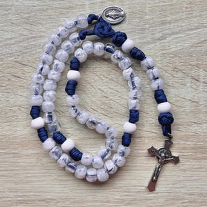 Handmade Catholic Rosary: Blue Marble Beads, Miraculous Medal