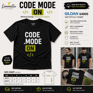 Koszulka z napisem „Code Mode ON”, koszulka minimalistyczna dla programisty, odzież uliczna dla programisty, koszulka Gildan Softstyle