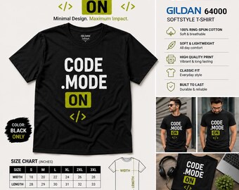 Code Mode ON T-Shirt, Minimalist Programmer Tee, Coder Streetwear, Gildan Softstyle Shirt