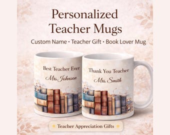 Personalized Teacher Mug, Book Lover Appreciation Gift, Watercolor Books 11oz White Ceramic