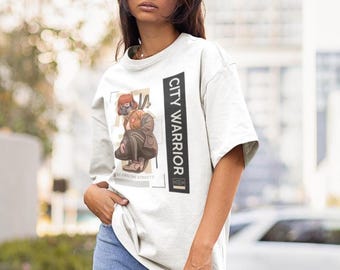 City Warrior Oversized Graphic T-Shirt, Anime Streetwear Tee, Japanese Style Cotton