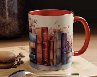 Watercolor Stacked Books Mug, Cozy Reading Coffee Cup, Bibliophile Gift
