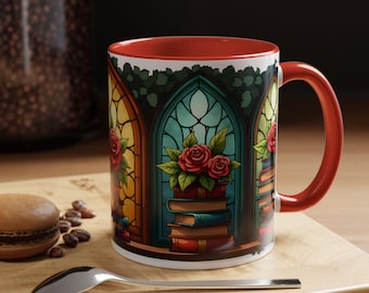 Stained Glass Book Stack Mug | Floral Bibliophile Coffee Cup