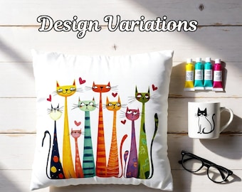 Colorful Cats Throw Pillow Cover, Whimsical Cat Lover Decor (16x16)