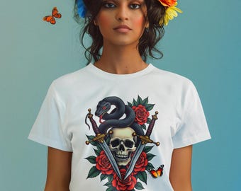 Camiseta com estampa de caveira e rosas | Camiseta com estampa de caveira e rosa