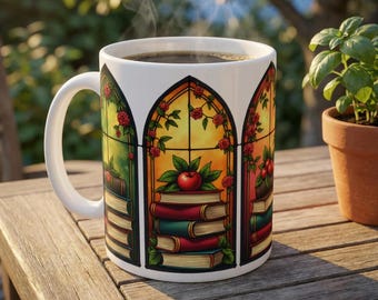 Stained Glass Bookshelf Mug | Bookstack, Apples, Floral Window Scene