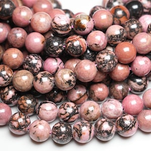 90 AA Rhodonite Beads, 38cm thread, 4mm, 6mm, 8mm, 10mm, Mala bracelet bead, natural pink rhodonite, black rhodonite bead 8 mm