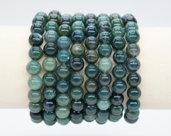 AA Moss Agate Bracelet in Natural Beads 4/6/8/10 mm 18-19 cm, Semi-Precious Stone Bracelet, Natural Stone Bracelet