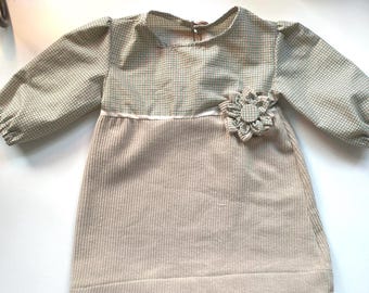 Handmade Baby Dress 3-6 Months – Upcycled Vintage Homespun Fabric with Flower Accent