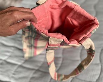 Handmade Pleated Tote Bag – Upcycled Vintage Plaid & Solid Coral Fabric, Eco-Friendly Carryall